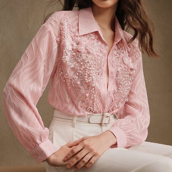Baby Pink Elegant Women's French Beaded Floral Casual Long Sleeve Sheer Textured